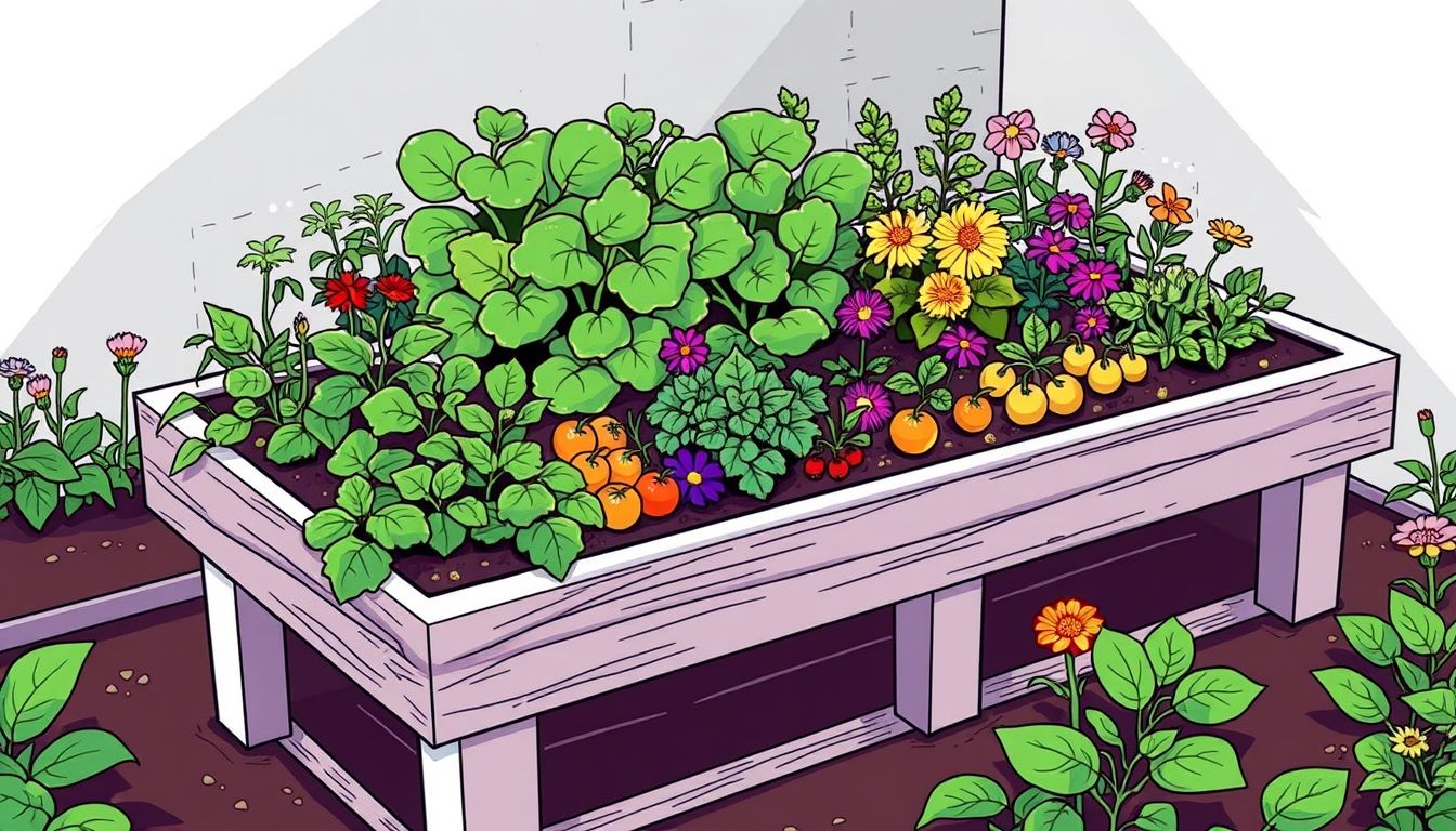 Lush elevated garden bed with vegetables and flowers.