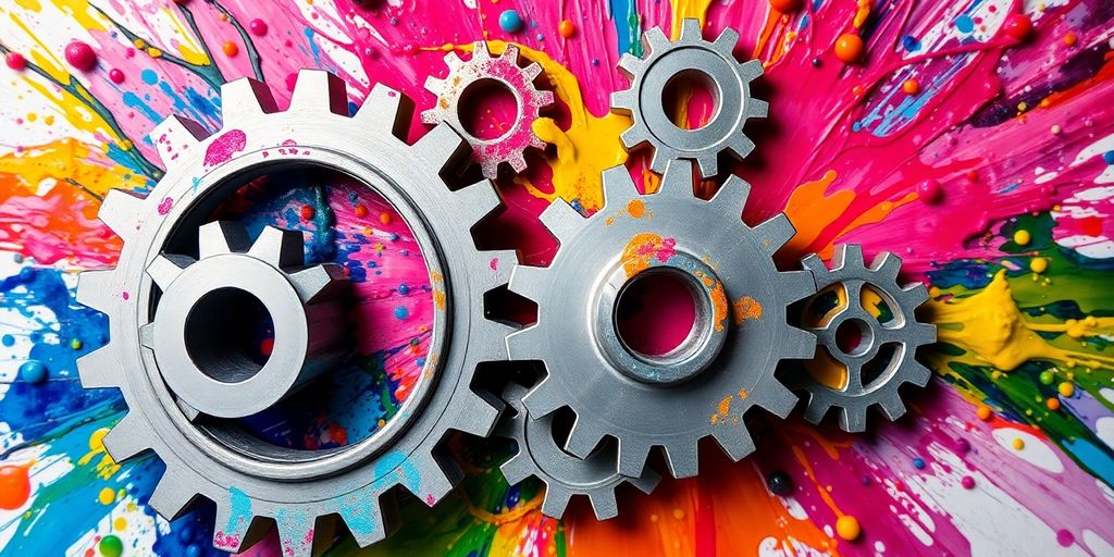 Gears meshing with paint splatters.