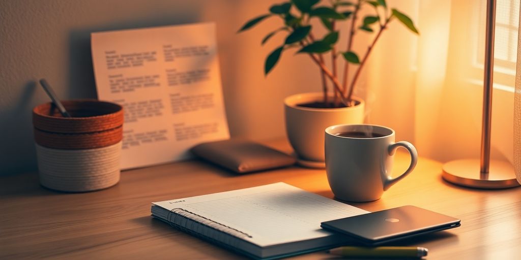 Cozy workspace with planner, coffee, and indoor plant.