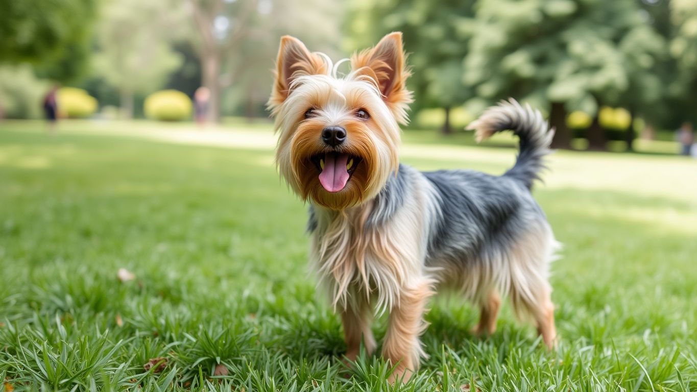 Playful Norwich Terrier in a green park.