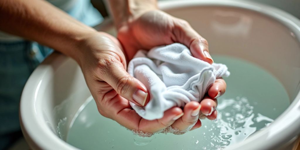 Parent hand washing baby onesie in soapy water