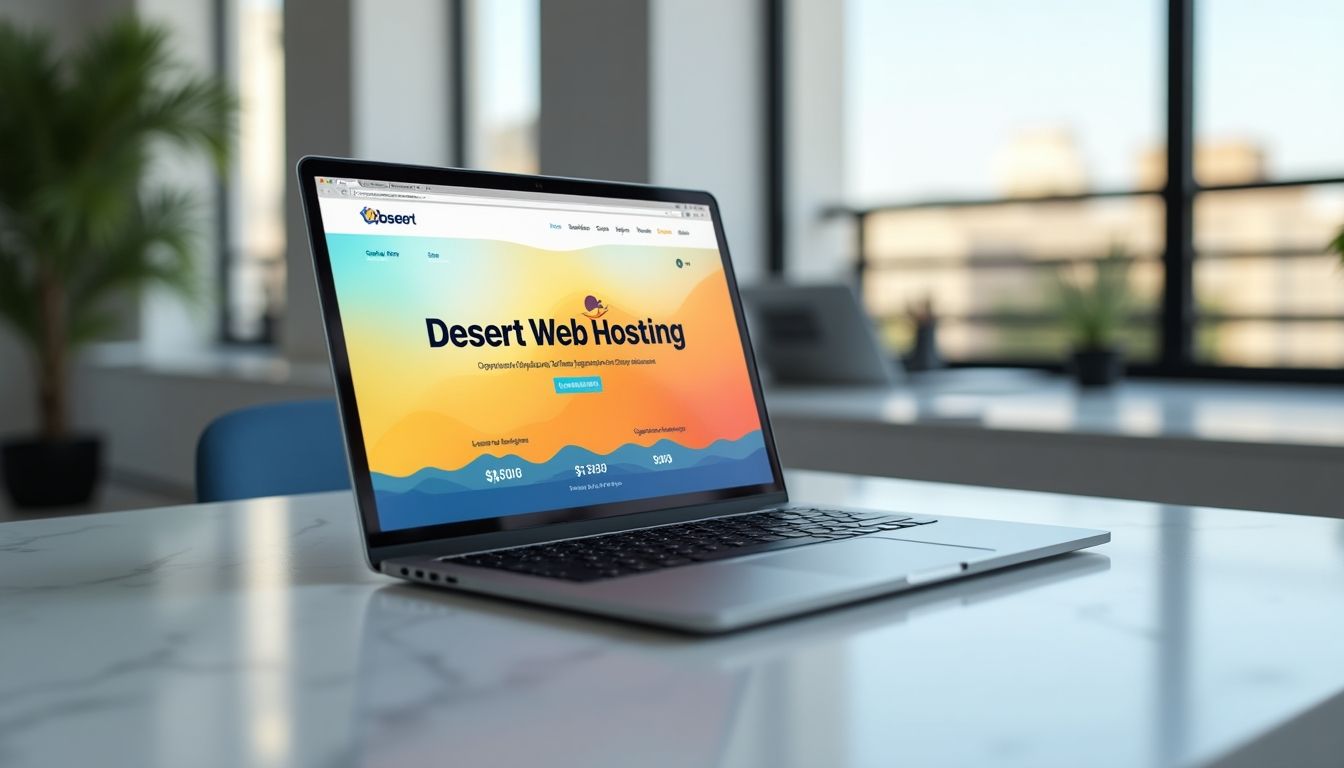 Laptop with Desert Web Hosting website displayed.