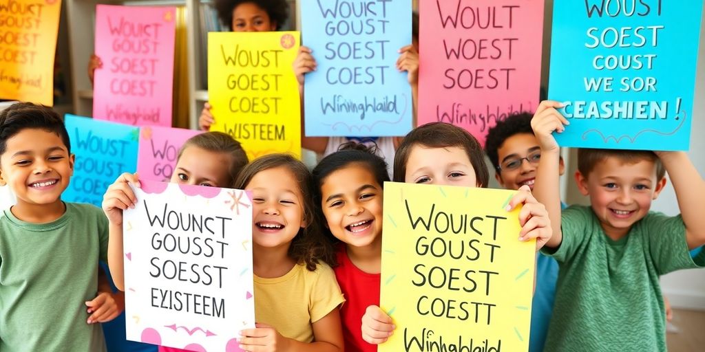 Children smiling with motivational posters.