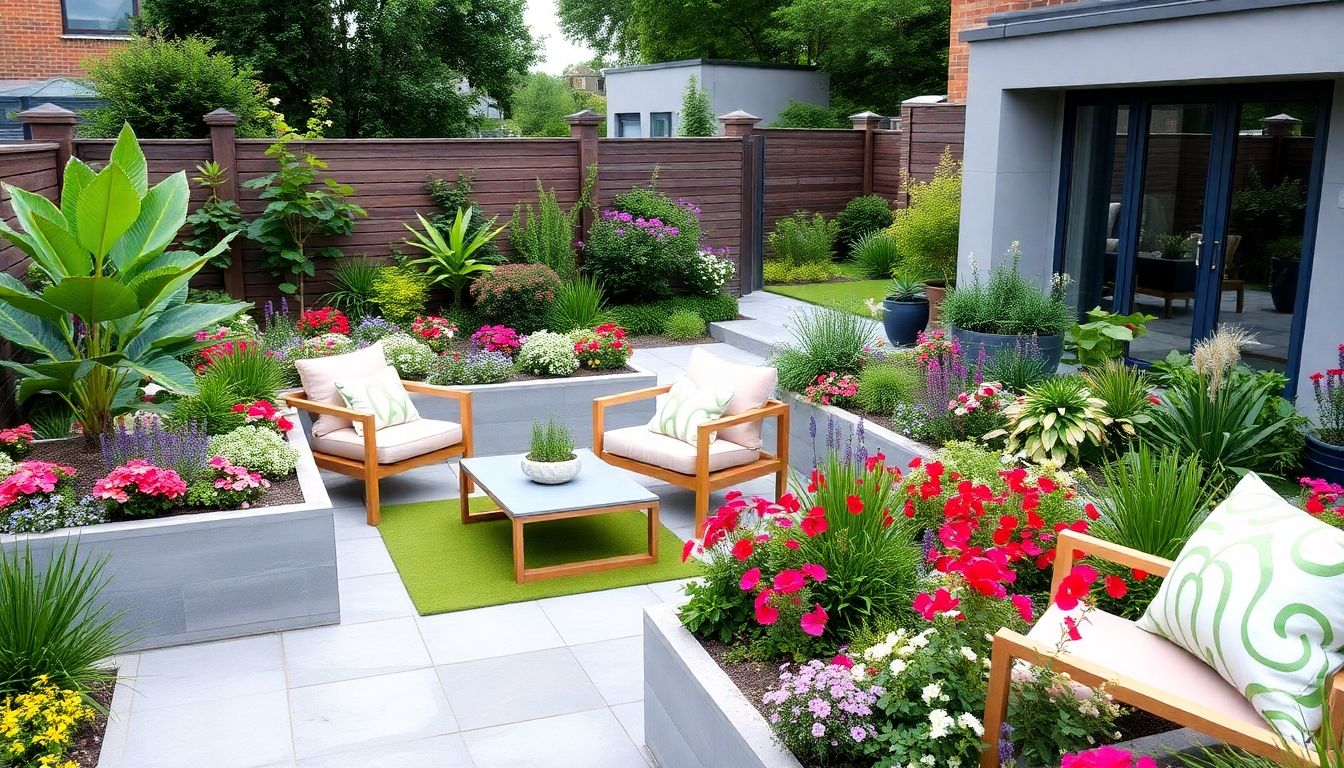 Modern garden with colourful flowers and stylish furniture.