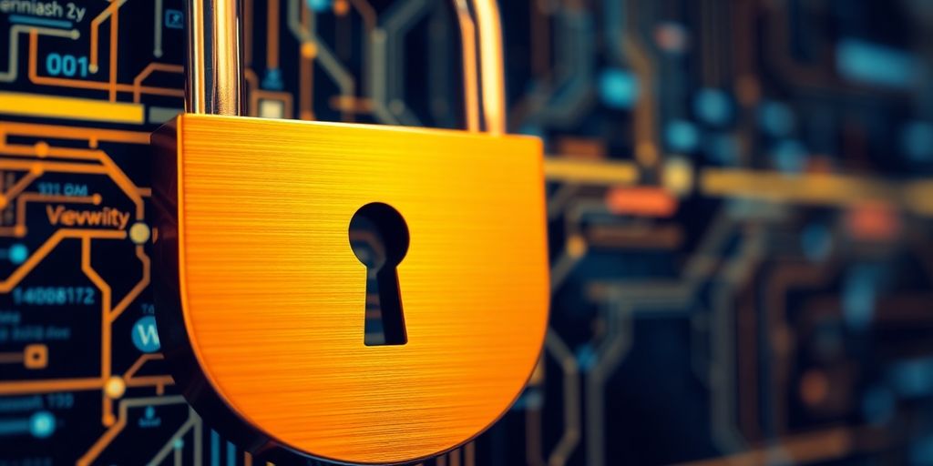 Lock on digital background, illustrating security risks.