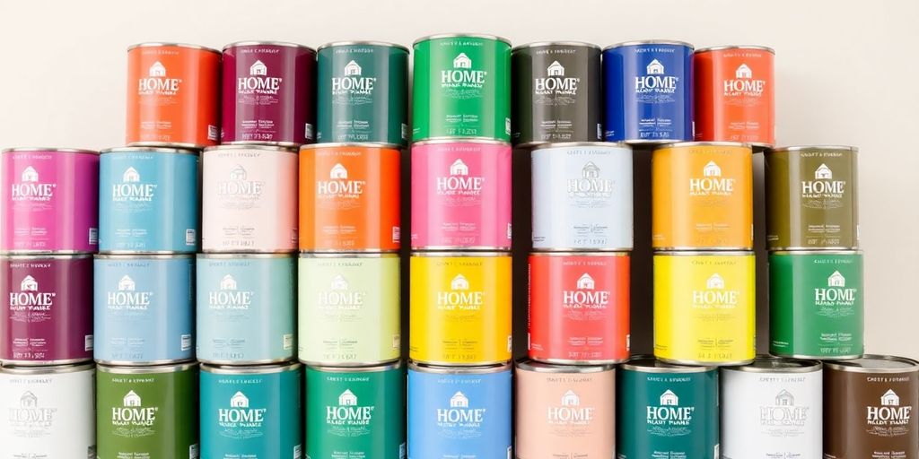 HGTV Home paint cans in various colors on display.
