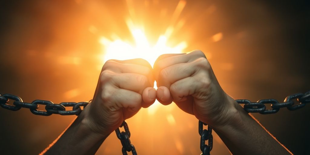 Person breaking chains with bright light.