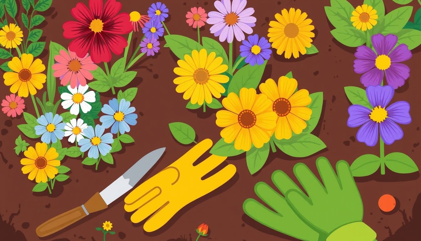 Colorful perennial flowers and gardening tools in a garden