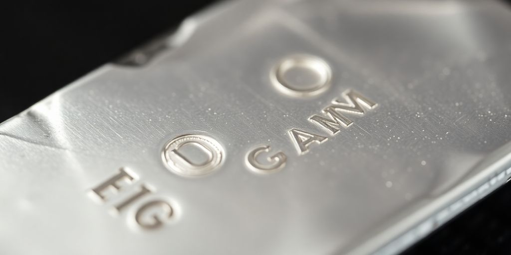 Dix grammes d'un lingot d'argent brillant sur un fond sombre.