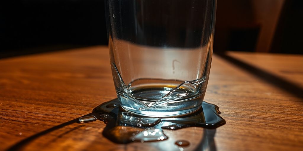 Broken glass with spilled alcohol on a table.