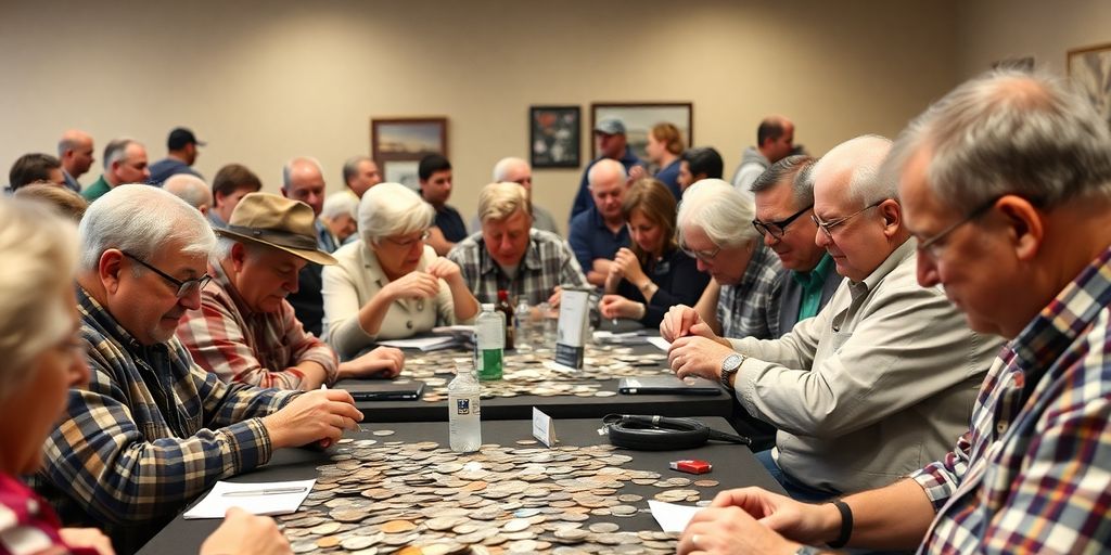 Group of collectors sharing coins at a club meeting.