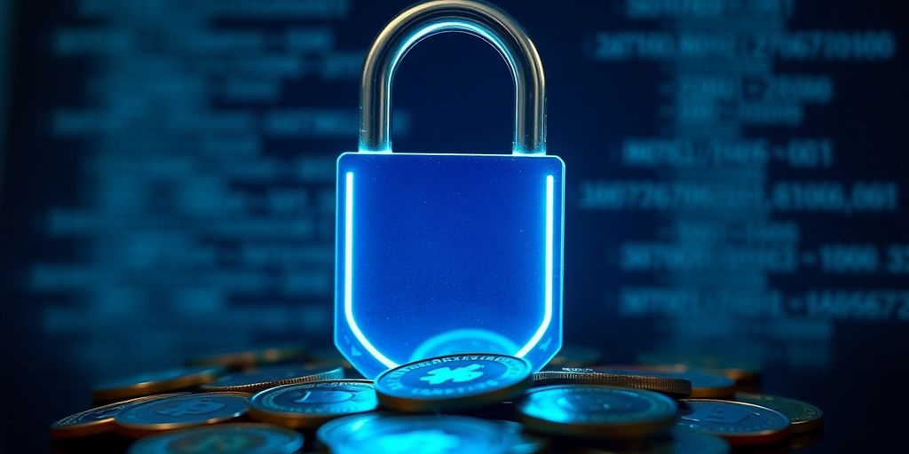 Digital padlock securing cryptocurrency coins.