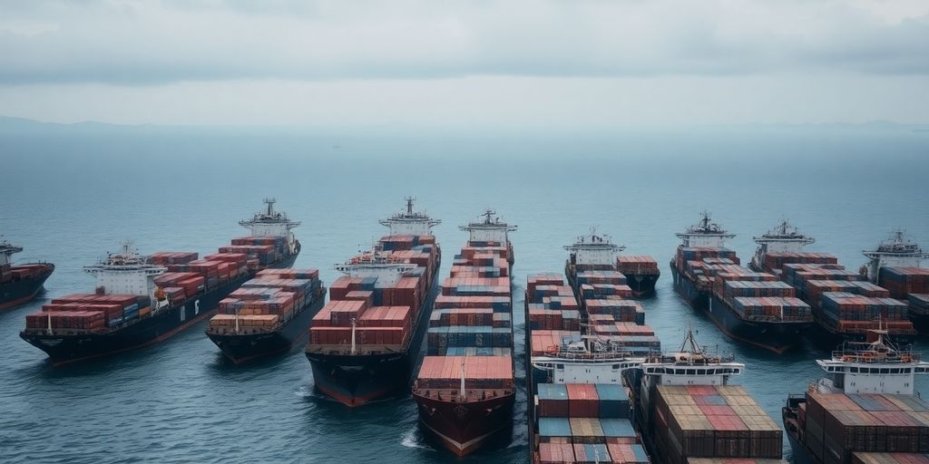 Navires de marchandises arrêtés en mer, ciel couvert.