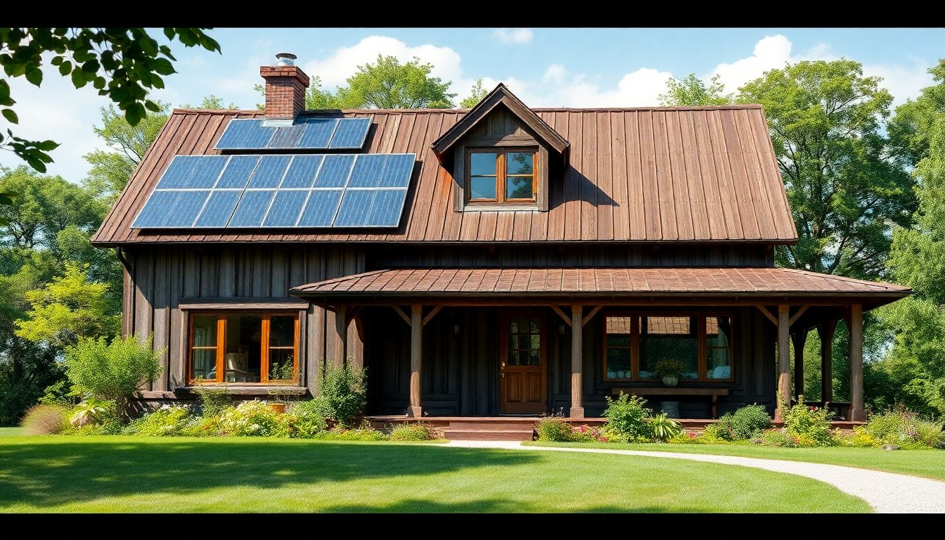 Rustic farmhouse with solar panels and energy-efficient windows.