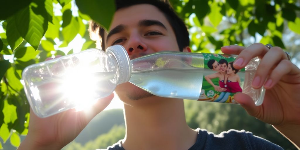 Person drinking water bottle outdoors.