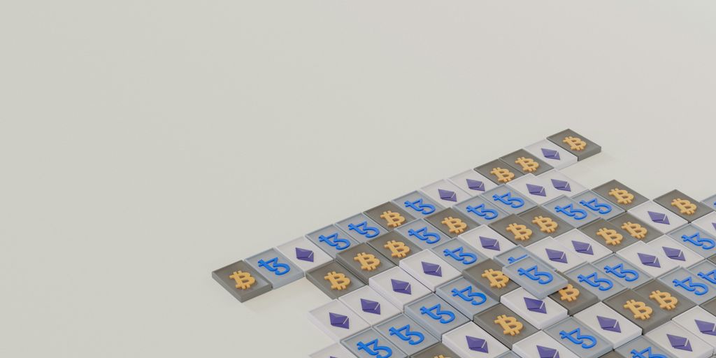 a group of blue and yellow dices sitting on top of each other