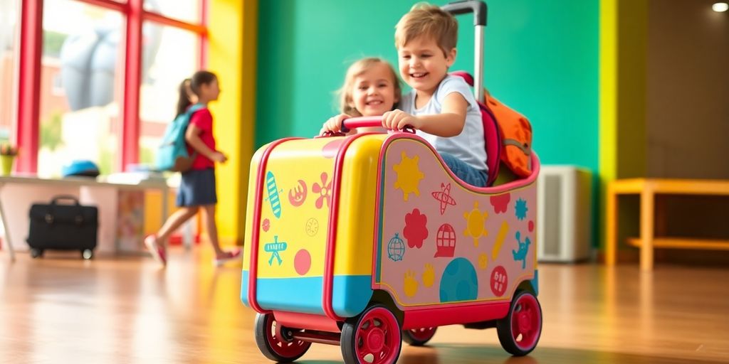 Bunter Kinderkoffer zum Draufsitzen im Reiseumfeld.