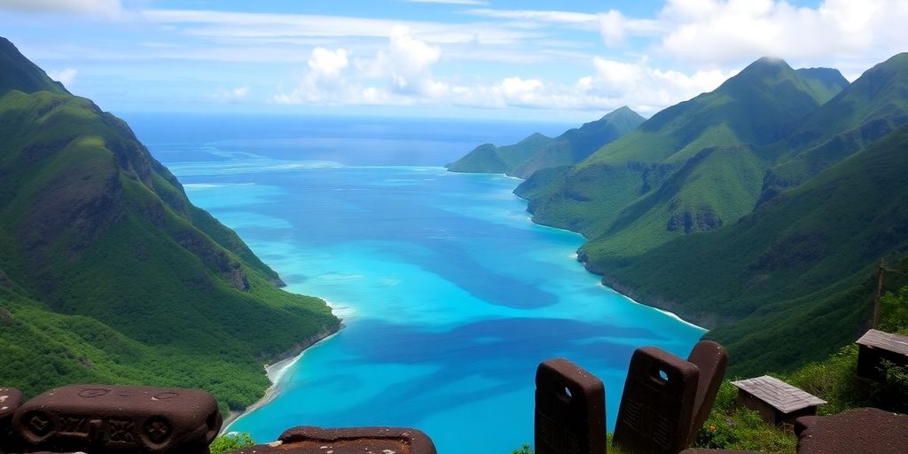 Majestic Marquesas Islands landscape with ancient stone carvings.