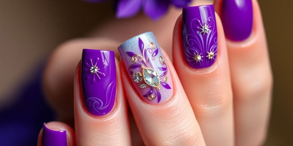 Unhas decoradas com roxo e detalhes sofisticados.