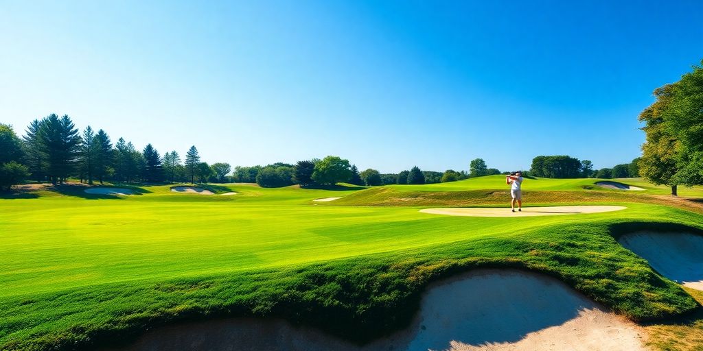 Golfer swinging on a sunny golf course.