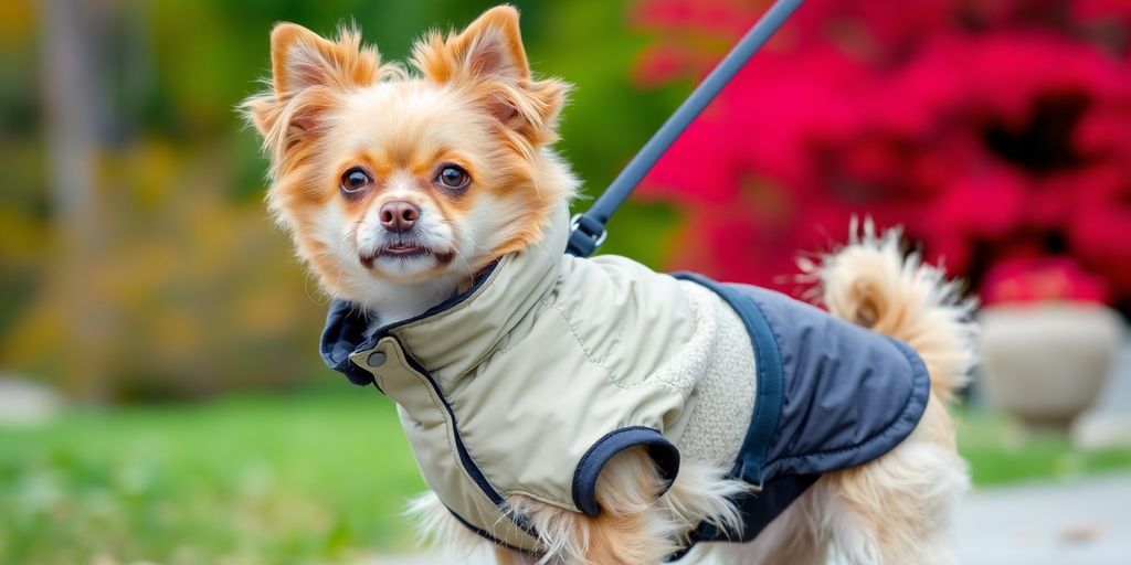 Small dog wears stylish, functional clothing, standing outdoors.