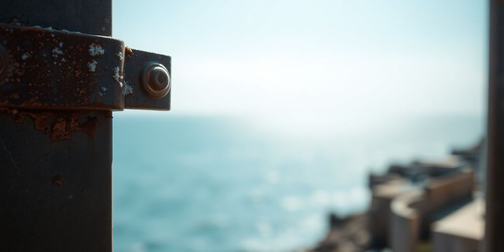 Close-up of rusty metal gate hinge with sea behind.
