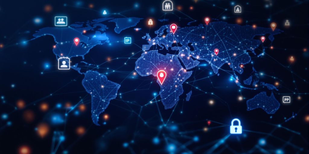 Digital globe with network lines and IP address icons.