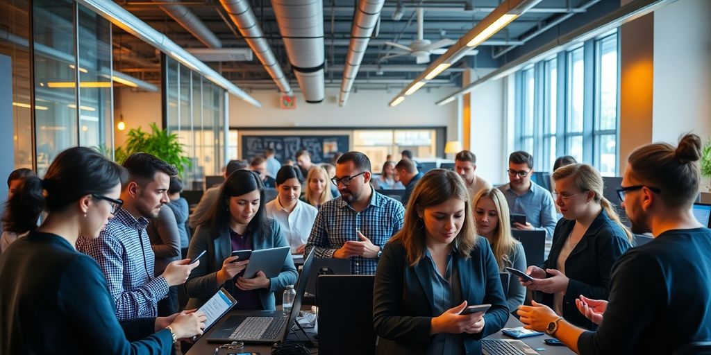 Diverse professionals collaborating in a modern tech workspace.