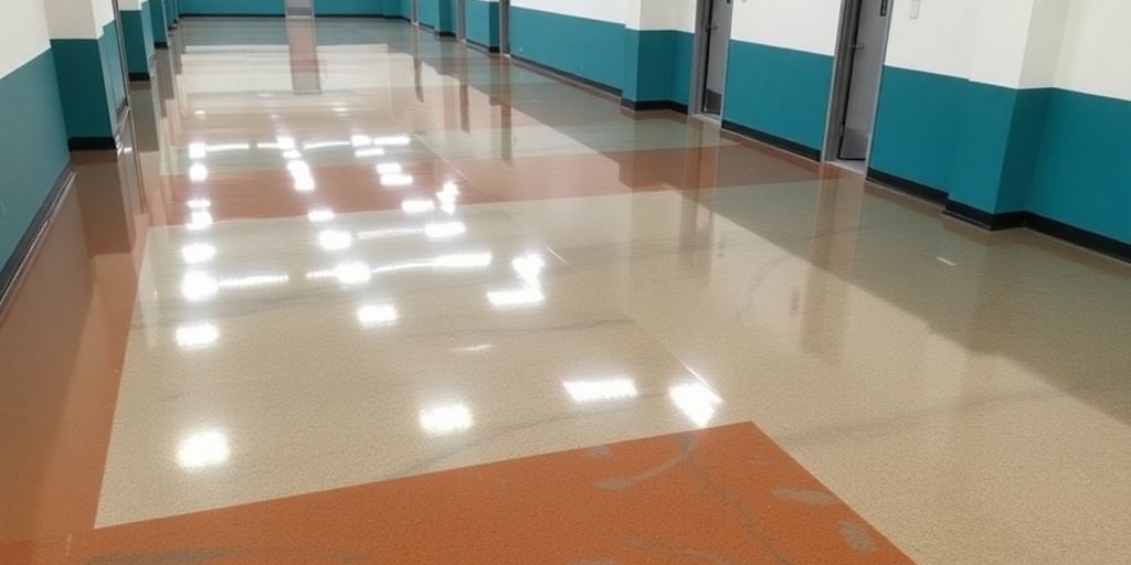 Polished epoxy flooring in a commercial space interior.