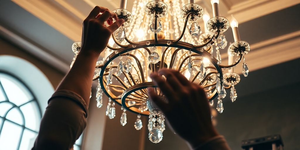 Installing a large, ornate chandelier