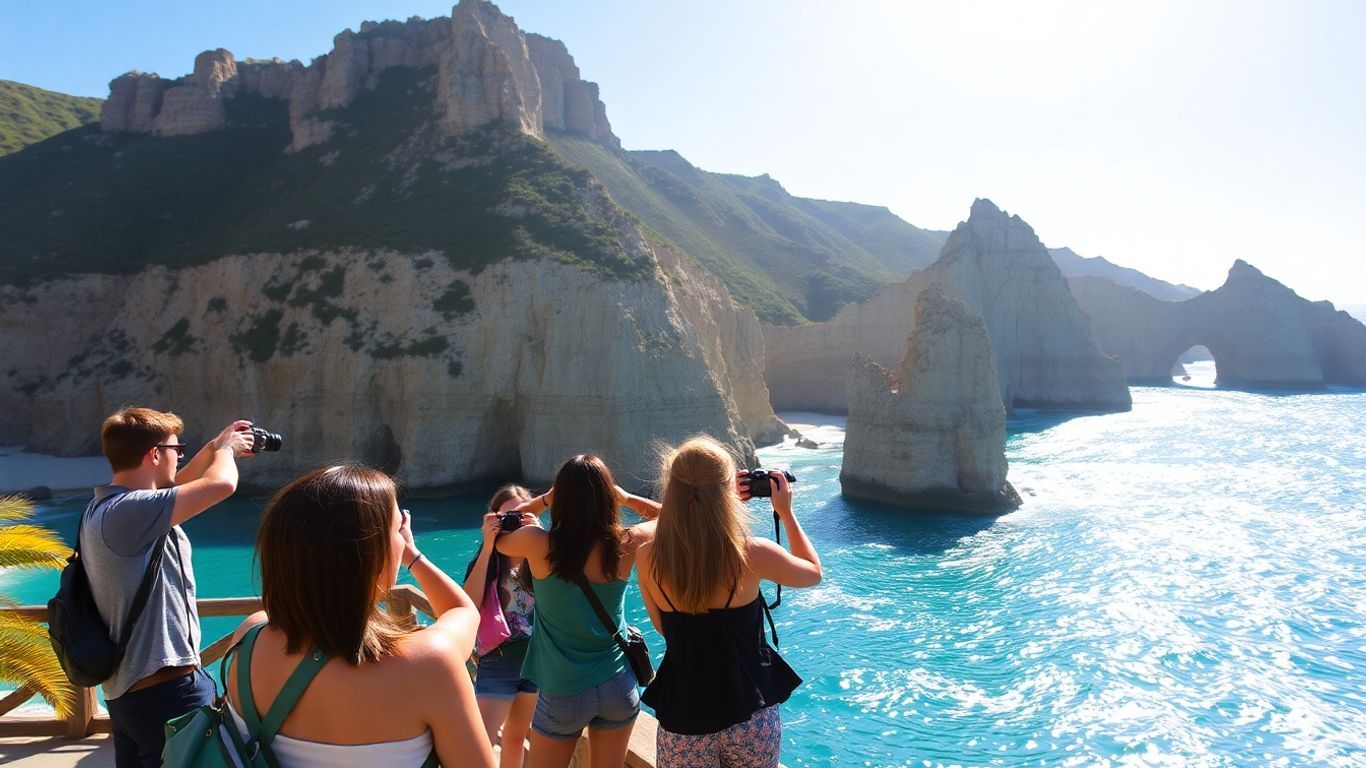Cabo coastline with people taking photos.
