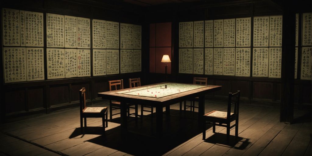 Mahjong tiles on a wooden table in a dim room