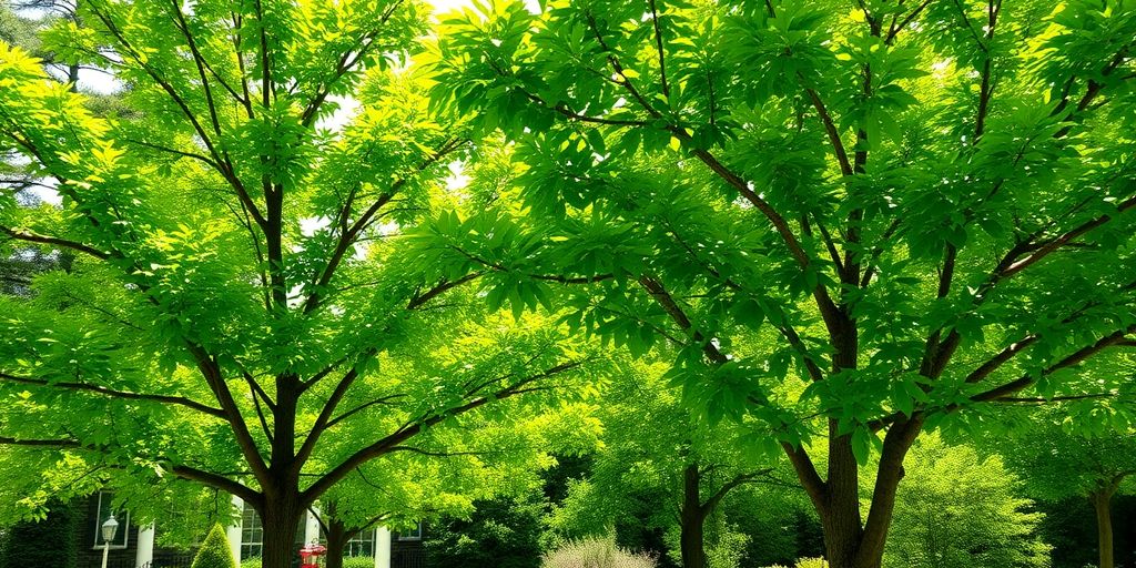 Pruned trees in a vibrant summer landscape.