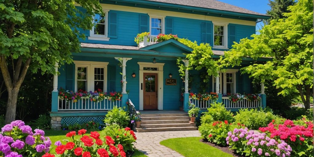 Charming B&B with lush greenery and colorful flowers.
