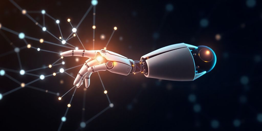 Robot hand touching glowing digital network.