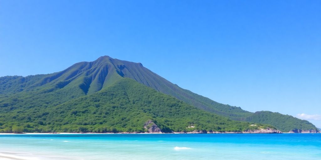 Turquoise lagoon meets lush green volcanic peak.