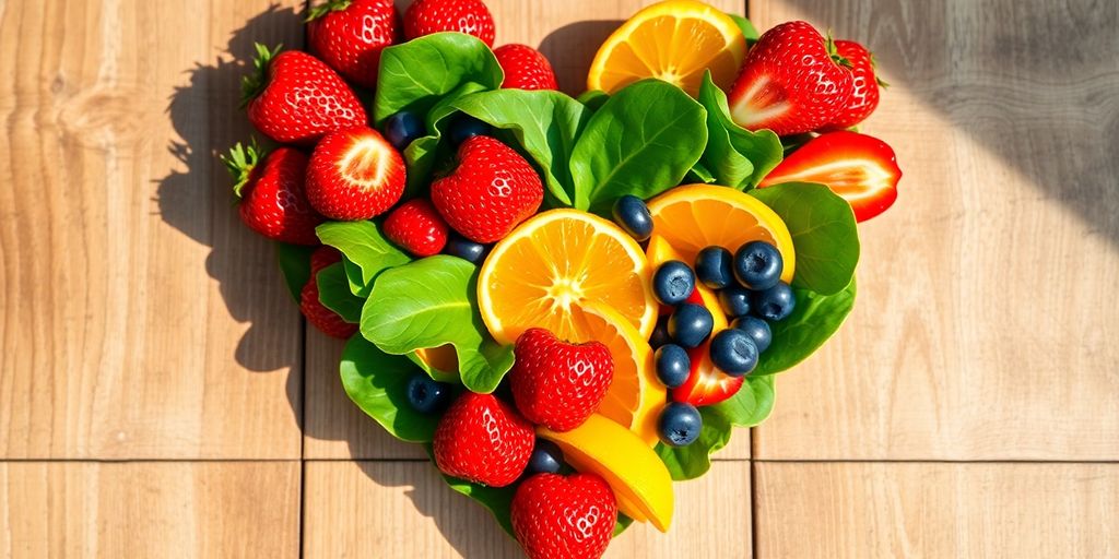 Heart shape made of fresh fruits and vegetables.