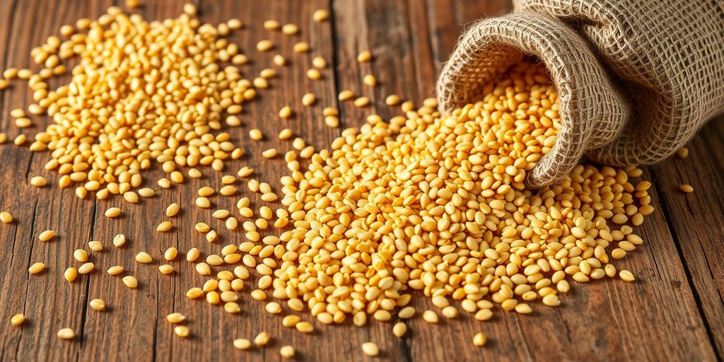 Golden sesame seeds on a rustic table.