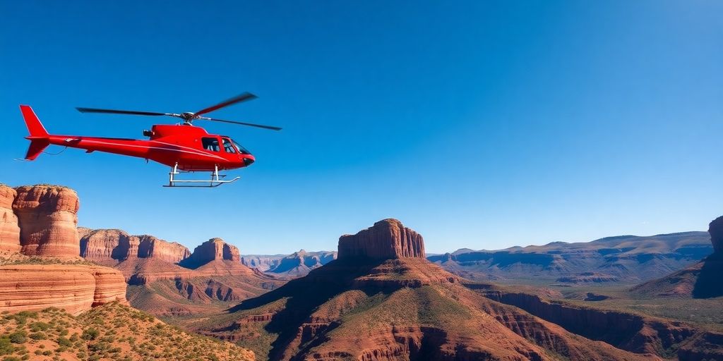 A red helicopter soaring above Sedona's red rock formations.