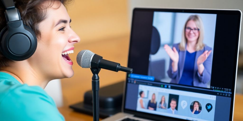 Person singing into a microphone during a video call.