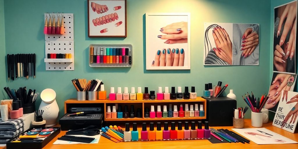Espaço de trabalho com ferramentas e esmaltes de unhas.