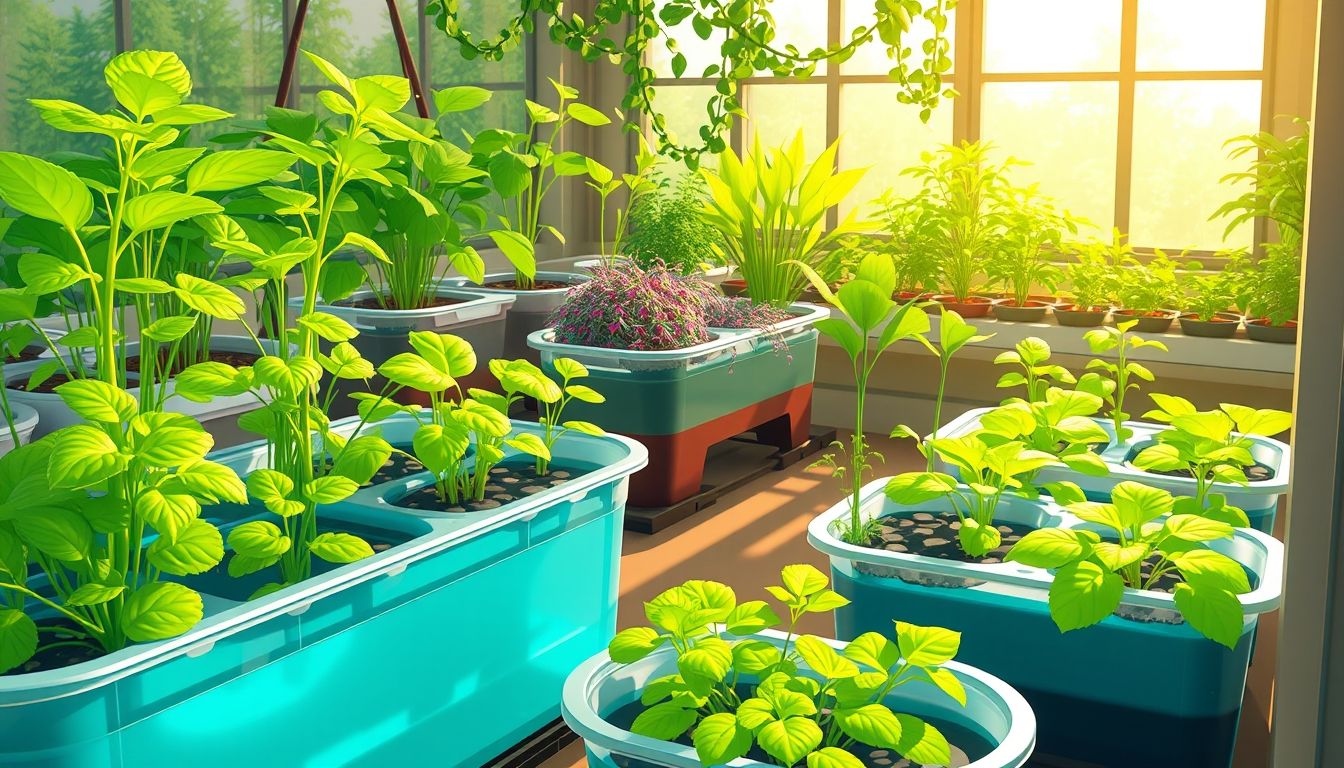 Illustrative hydroponic garden with plants in water-filled containers.