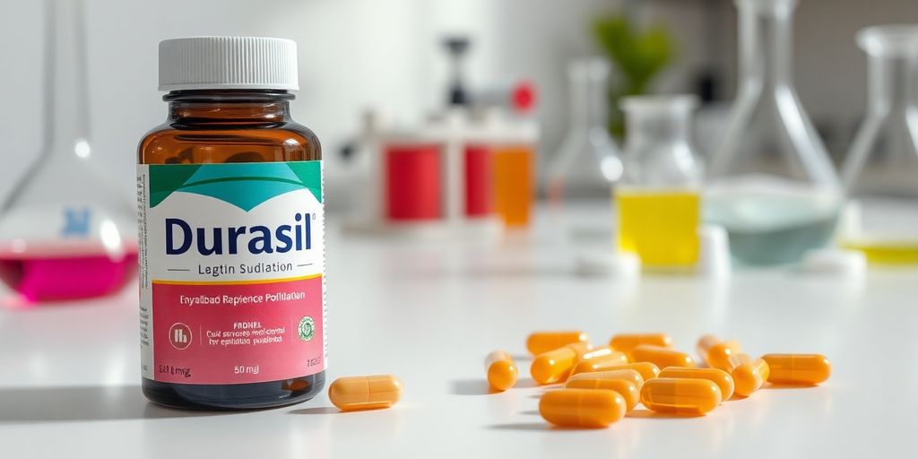 Frasco de Durasil e cápsulas, com equipamentos de laboratório.