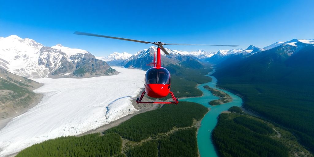 A helicopter flying over a vast Alaskan glacier and mountains.