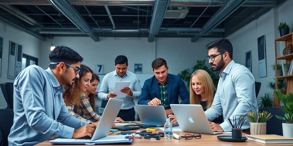 Entrepreneurs collaborating in a modern creative workspace.