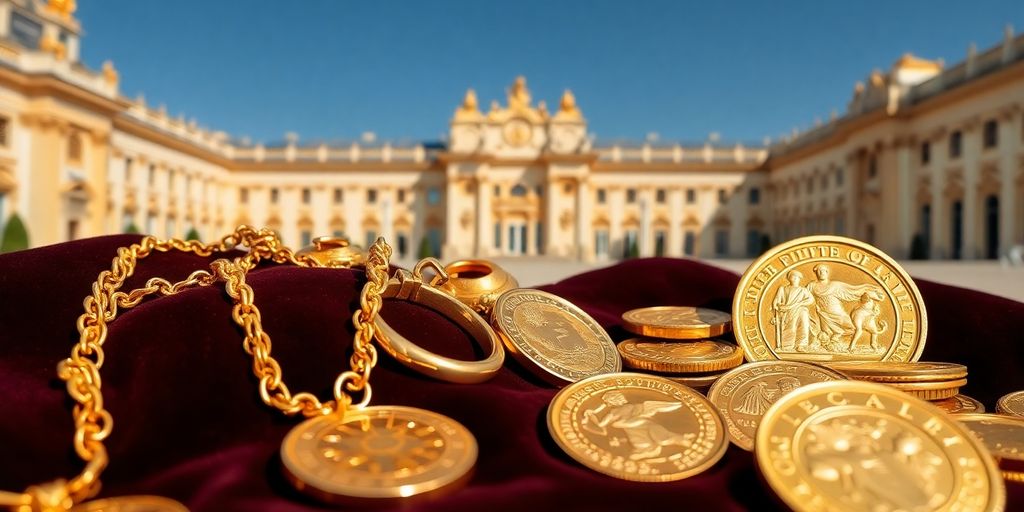 Bijoux en or et pièces sur un tissu en velours.