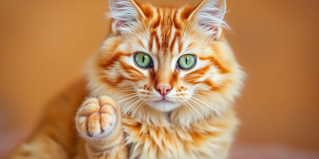 Orange tabby cat grooming paw, curious green eyes.