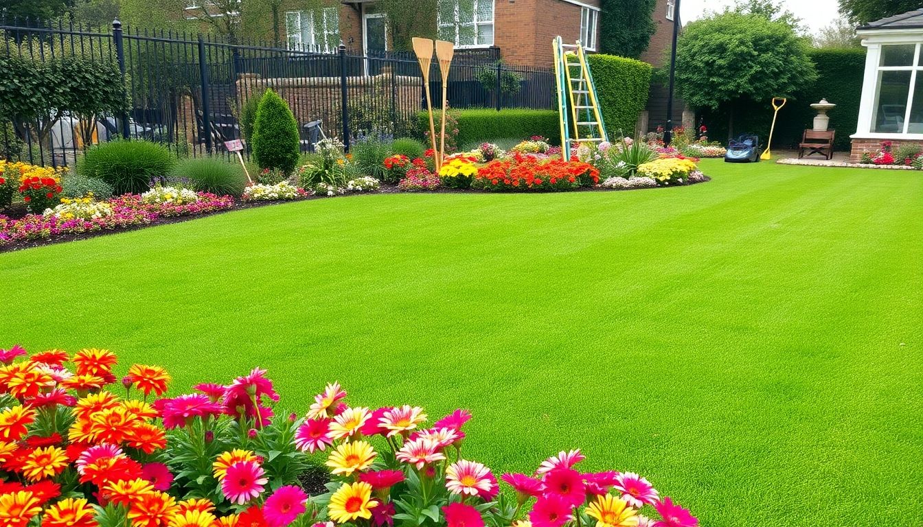 Lush green lawn with colourful flowers in London garden.