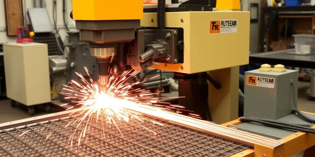 Rebar mesh welding machine operating in a busy workshop.