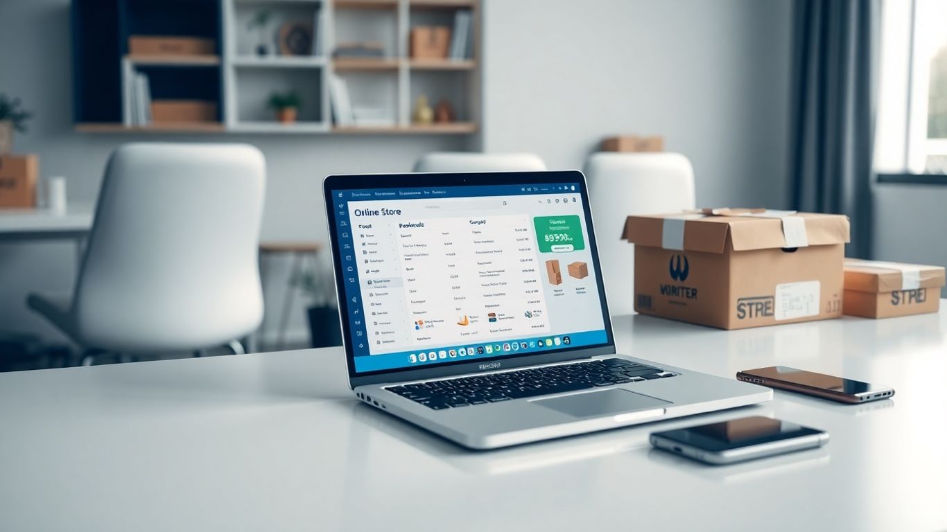 Laptop and shipping boxes on home office desk
